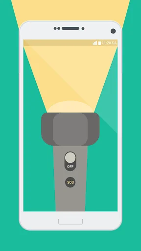Flashlight super bright app showing OFF mode with yellow light beam preview and SOS emergency button below power control