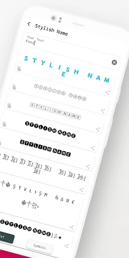 Stylish Name converter tool displaying text input transformed into multiple decorative font variations and styles