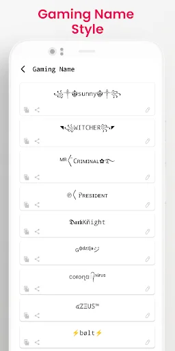 Gaming Name Style display showing decorated gaming usernames with special characters and decorative symbols