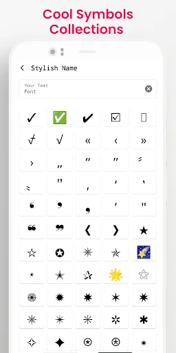 Cool Symbols Collections picker displaying decorative checkmarks, stars, mathematical symbols, and special characters
