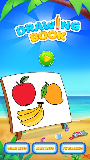Fruits Coloring Book home screen showing colorful apple, mango, and banana with play button to begin coloring and drawing
