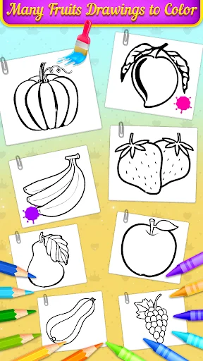 Coloring book gallery displaying fruit outline drawings: pumpkin, apple, strawberry, banana, pear ready for coloring art