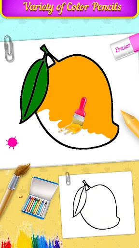 Colored mango and lemon fruit drawings with variety of color pencils, brushes, and eraser tools for digital coloring