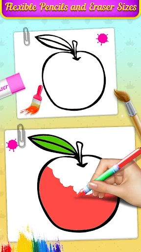 Flexible pencil and eraser size tools with apple fruit drawings showing before and after coloring examples in progress