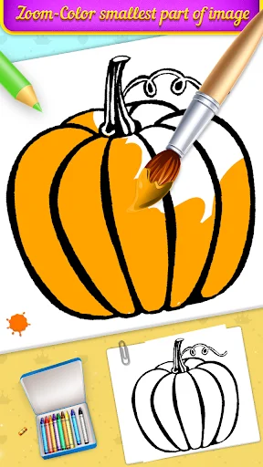 Zoom coloring feature showing detailed pumpkin fruit sections with brush tool for precise coloring in fruit drawing app