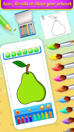 Save, edit, and share completed fruit artwork with pear coloring example on mobile phone and full color palette controls