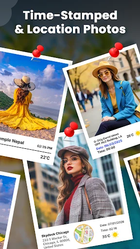 Collage of geotagged photos with automatic timestamps, GPS locations, dates, and weather information