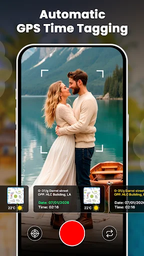 Camera interface showing automatic GPS time tagging with location, date and time stamps before capture