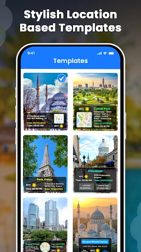 Templates screen with location-based photo templates featuring landmarks and geographic location overlays