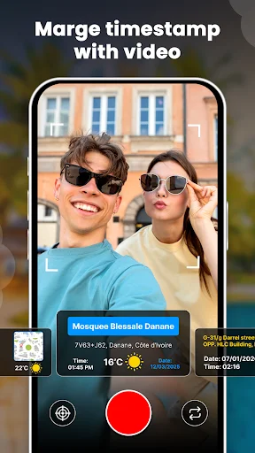 Video frame with merged timestamp banner displaying location name, date and temperature information