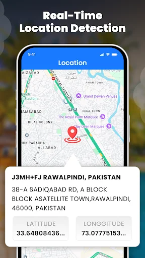GPS map view showing real-time location detection with pinned position and detailed address coordinates
