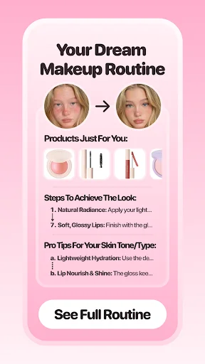 Glam AI personalized makeup routine with before-after photos, product recommendations and steps