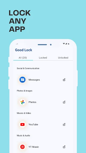 Good Lock app interface displaying 'LOCK ANY APP' with list of apps including Messages, Photos, YouTube, YT Music