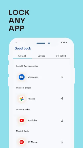 Good Lock app showing lockable apps list including Messages, Photos, YouTube, and YT Music