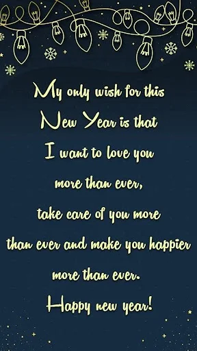 New Year wishes greeting card with love message and decorative string lights on dark blue starry background