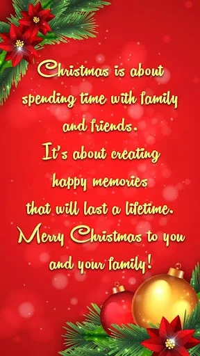Christmas greeting card template with holiday message, poinsettias, ornaments on festive red background