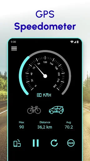 GPS Speedometer app showing analog speedometer gauge reading 60 KMH with car and bike mode icons, distance tracker