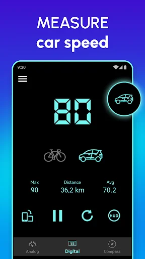 GPS speed tracker app digital display showing 80 KMH speed measurement with car mode selected and trip statistics
