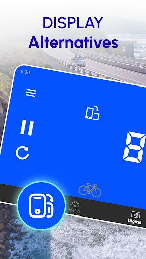 GPS speedometer display alternatives screen showing blue interface with pause and refresh controls for speed tracking