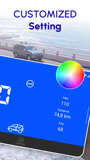 GPS speed tracker customization settings with color picker wheel and distance statistics for personalized interface