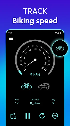 GPS speedometer in bike tracking mode showing 9 KMH speed with analog gauge and cycling trip data displayed