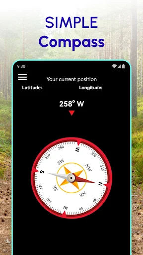 GPS compass feature showing current position coordinates and directional compass with red needle pointing 258° W