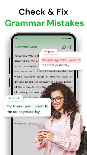 Grammar Guru showing original text with red highlighted errors and corrected sentence version displayed below