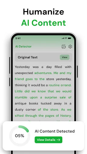 AI Detector showing original text with 5% AI content detected result and View Details action button