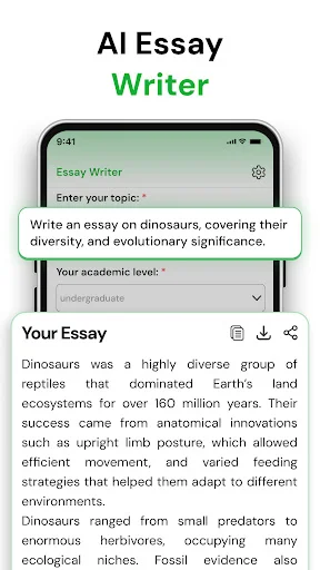 Essay Writer with dinosaur topic input and academic level selector displaying generated essay text