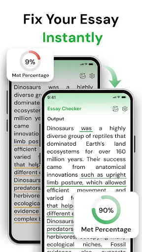 Grammar Checker displaying essay improvement from 9% to 90% Met Percentage across two phone screens