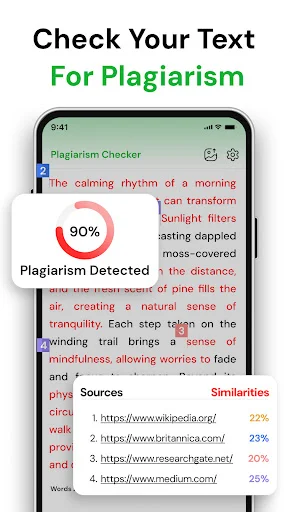 Plagiarism Checker detecting 90% plagiarism with source URLs and similarity percentages listed