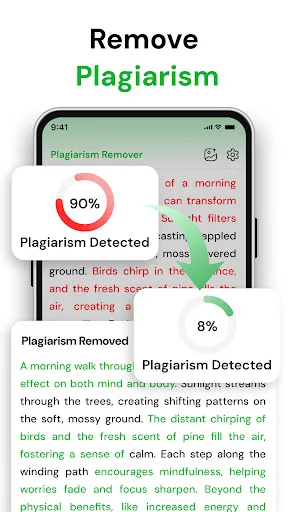 Plagiarism Remover reducing plagiarism from 90% to 8% with improved text version rewritten