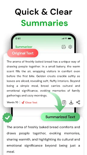 Summarizer tool converting 70-word text to shorter summarized version with Clear Text button option