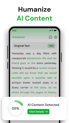 AI Detector interface analyzing original text for AI content with 05% detection result and humanization options