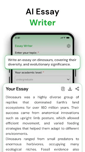 AI Essay Writer allowing users to input topics and academic level to generate complete essays