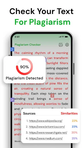 Plagiarism Checker detecting 90% plagiarism with sources and similarity percentages for each detected match