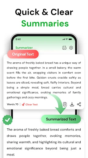 Summarizer tool condensing original text into clear, concise summary with word count reduction display
