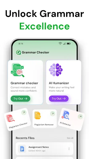 Grammar Checker app menu displaying Grammar Checker, AI Humanizer, Plagiarism Checker, and AI Detector tools