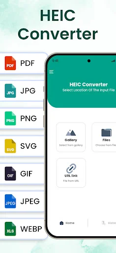 HEIC Converter app main menu showing output format options including PDF, JPG, PNG, SVG, GIF, JPEG, and WEBP with Gallery and Files selection buttons