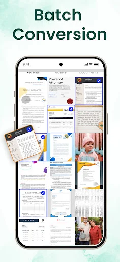 Batch Conversion screen displaying multiple documents and photos in a grid layout for converting multiple HEIC files at once