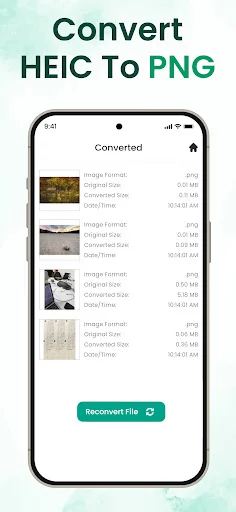 Convert HEIC To PNG screen showing successfully converted image files with details like original size, converted size, format type, and creation time