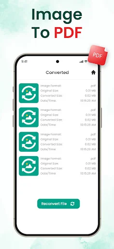 Image To PDF conversion screen displaying converted PDF files with green format icons, file information, size details, and Recover File button