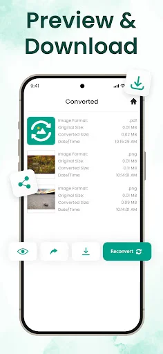 Preview and Download screen showing converted image thumbnails with preview, edit, and download action icons at the bottom for file management