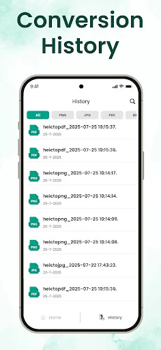 Conversion History screen displaying list of past file conversions with timestamps, file names, conversion formats, and file size information