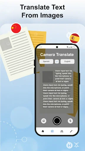 Camera Translate feature showing phone capturing text from printed documents and translating between Spanish and English languages instantly