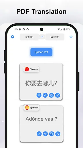 PDF Translation interface displaying uploaded PDF documents with Chinese and Spanish text translations shown in separate conversation boxes
