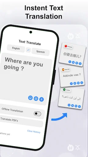 Chat & Voice Live Translator instant text translation interface showing English to Spanish translation with offline mode toggle and PDF translation feature