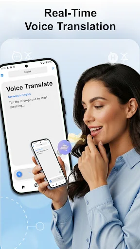 Real-Time Voice Translation app screen showing woman speaking into phone microphone to instantly translate voice messages between languages