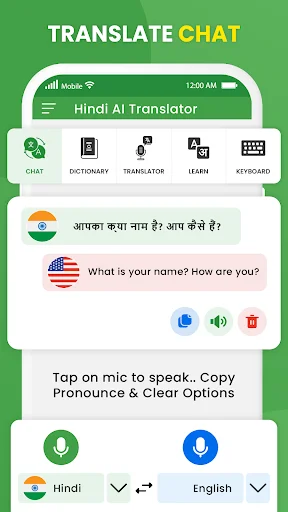 Hindi and English chat translation interface with bilingual conversation and voice recognition microphone feature