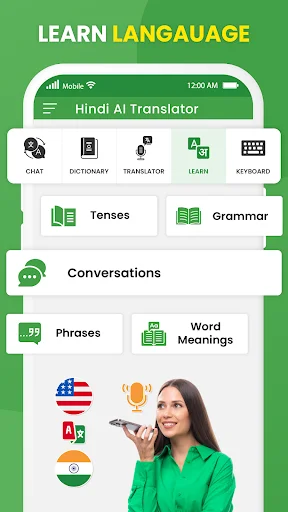 Language learning hub with lessons on tenses, grammar, conversations, phrases, and word meanings with instructor guidance